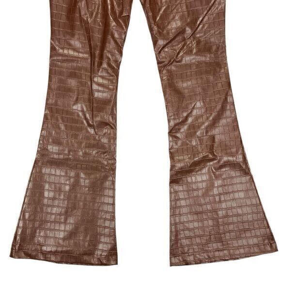 PrettyLittleThing Flare Pants Womens Size 6 Brown Faux Leather Croc Embossed New - Picture 8 of 16
